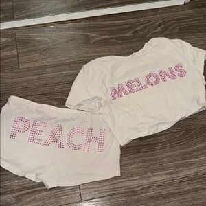 Finesse pink rhinestone melons and peach Crop Top and Shorts Set